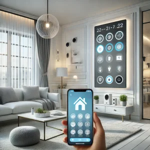 DALL·E-2025-04-13-20.09.22-A-smart-home-interior-with-modern-technology-devices.-The-image-features-a-bright-and-clean-living-room-with-a-wall-mounted-touchscreen-control-panel