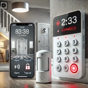 DALL·E-2025-04-13-20.10.48-A-modern-alarm-system-setup-in-a-smart-home-environment.-The-image-shows-a-sleek-alarm-keypad-with-a-digital-screen-mounted-near-the-front-door.-Red-l
